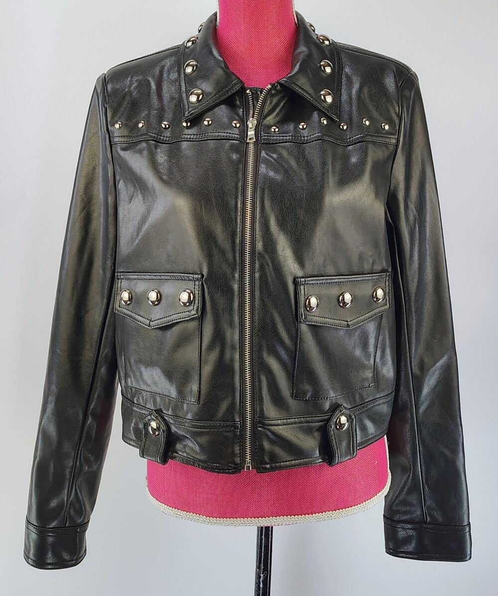 SHOEDAZZLE Womens Studded PU Leather Biker Jacket Moto Punk Rock Black Size M